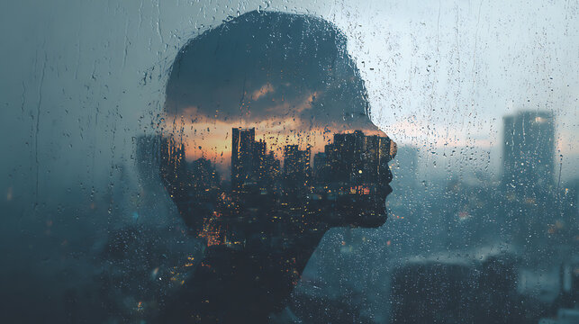 A contemplative person looks out at a cityscape, shrouded in atmospheric mist. The image captures a sense of solitude and introspection