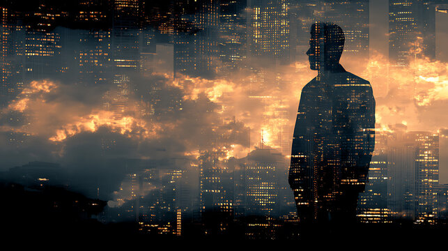 A silhouette of a man gazing at the cityscape with dramatic sky backdrop, creating a sense of introspection and ambition