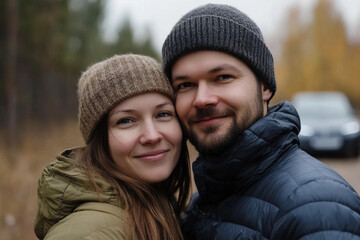 Fototapeta premium Happy young couple enjoying camping time together in nature, smiling outdoors