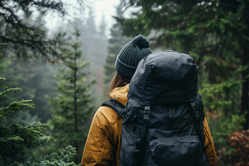 Generative AI image of a smiling traveler in forest enjoying weekend vacation trip with backpack and clothes