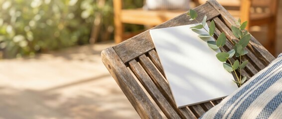 Obraz premium Relaxing outdoor workspace with blank paper and eucalyptus natural setting lifestyle photography tranquil environment close-up view creative inspiration