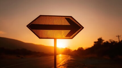 Directional Arrow Sign Against a Golden Sunset Background with Warm Tones and Silhouetted Landscape Features at Dusk