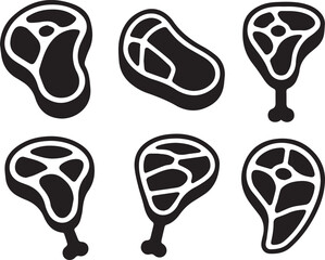 Set of six black and white illustrations of chicken leg pieces on white background