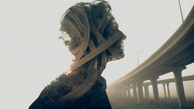 Silhouette of a woman's face combined with an overhead highway, creating an artistic effect