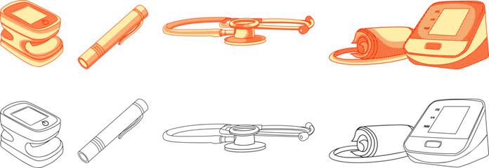 set of medical tools illustrated classic vintage etching style.a pulse oximeter, medical penlight, stethoscope,sphygmomanometer,Perfect for healthcare branding, medical textbooks, and clinic interior 