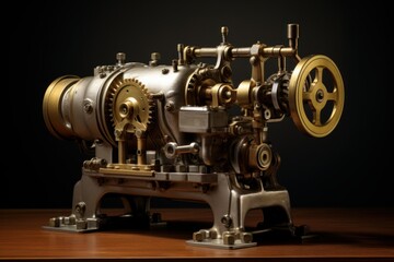 Fototapeta premium Vintage industrial machine featuring intricate brass gears and a metallic steam engine design
