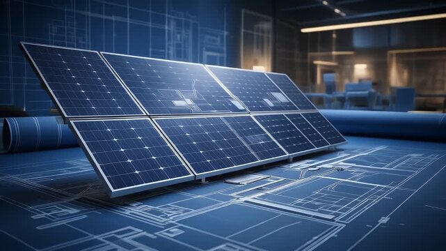 Solar Panel Blueprint Displayed On Technical Drawings Inside Modern Office With Blueprints Rolled Out Background