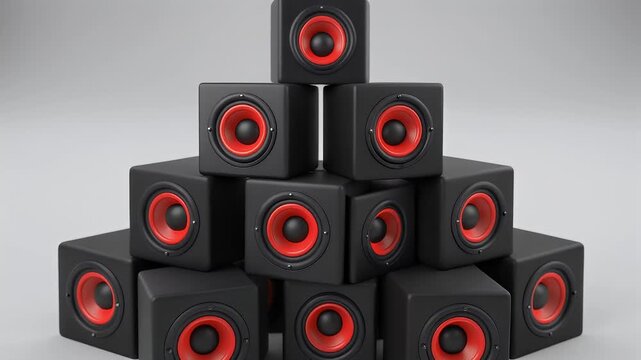 Stack Of Black Cube Subwoofer Speakers With Red Accents On A Plain Gray Background With Soft Lighting