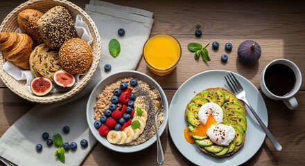 Breakfast food selection wooden table
