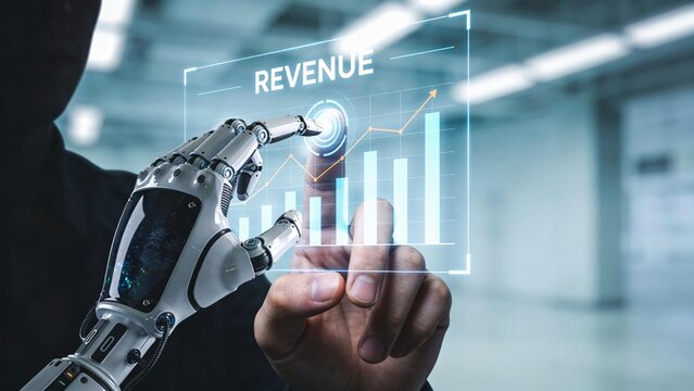 AI monetization timeline - Close-up of human and robotic hands interacting with a holographic financial graph glowing abstractly without numbers.