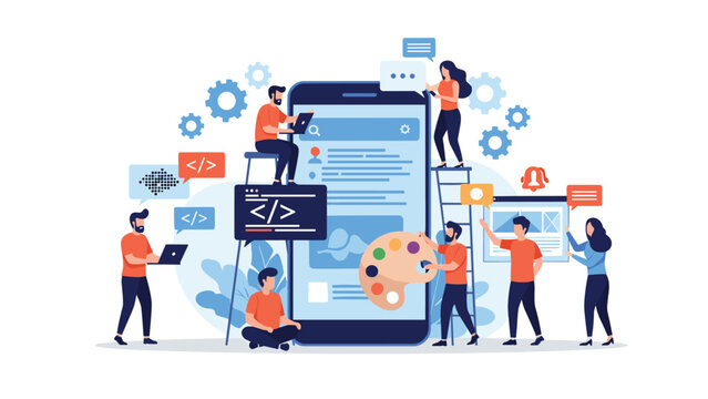 Professional software development team working together to build and design a mobile application interface on a large smartphone screen.