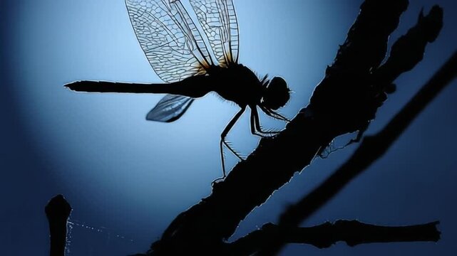 Dragonfly silhouette perched on branch against blue sky background