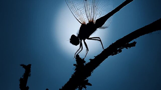 Silhouette of a dragonfly perched on a branch against a bright sky