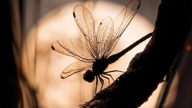 Dragonfly silhouette against a soft bokeh background