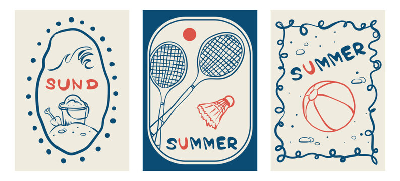 Vintage summer posters in line art style featuring beach and leisure elements. Hand drawn sketch depicts badminton court, beach ball, and sand bucket. A whimsical vector illustration.