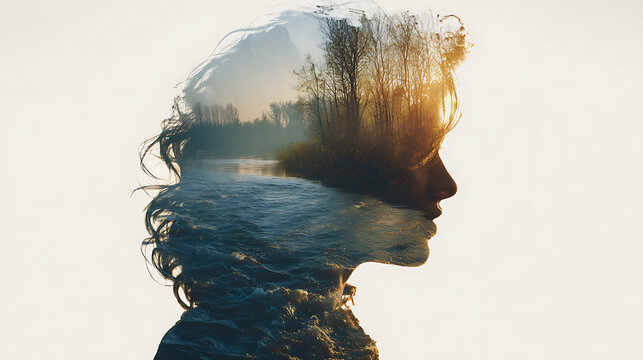 A double exposure image of a woman's profile, with a landscape scene overlaid on top. The background is a soft, warm glow.