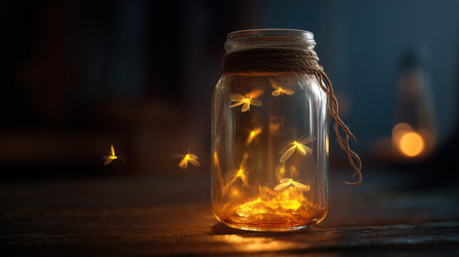 Glowing Fireflies Escaping from Open Glass Jar on Wooden Table at Night &mdash; Concept of Freedom or Hope