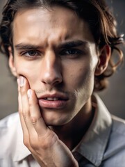 Obraz premium Close-up portrait of a young person in a white collared shirt with hand gently pressing cheek, furrowed brows and parted lips, conveying discomfort and contemplation