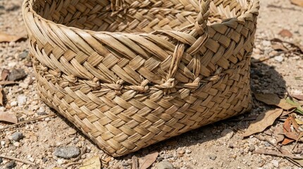 Fototapeta premium Rustic Woven Basket Made from Natural Fibers on Dry Ground
