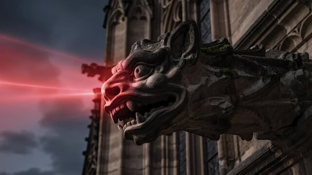 A weathered stone gargoyle exhales a beam of red energy across a darkened sky