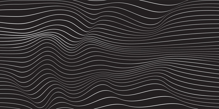 Abstract rippled or white lines pattern with wavy vibrant facture on black background and texture. Vector illustration