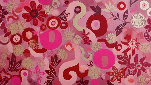 Modern abstract floral pattern illustration in shades of pink red and gold featuring stylized flowers organic wavy shapes and circular motifs in a contemporary decorative art style