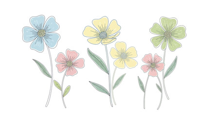 Delicate hand-drawn flowers in pastel colors on a white background