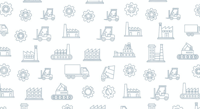 Seamless pattern of industrial icons including factories, forklifts, and gears.