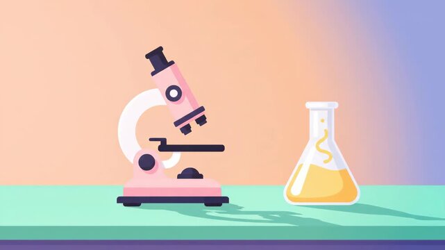Cartoonish pink microscope and flask with yellow liquid on a teal surface against a warm gradient background