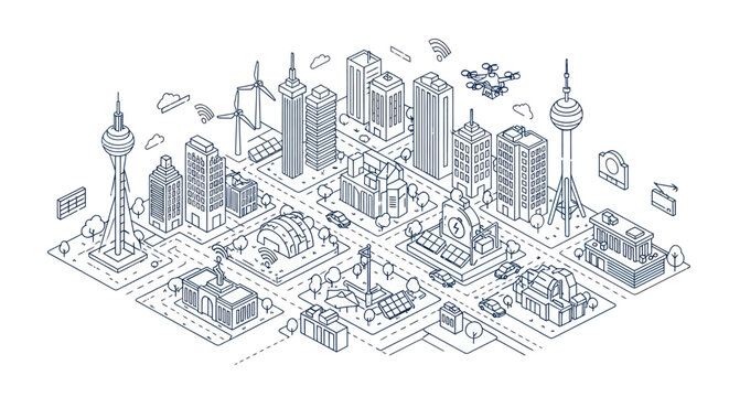 Smart city concept with urban technology and interconnected infrastructure in isometric line art.