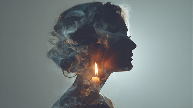 A silhouette of a woman with a candle and smoke. It symbolizes the concept of burning feelings and thoughts
