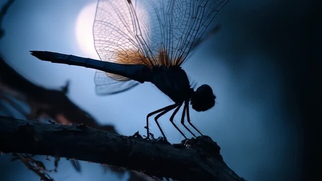 Dragonfly silhouette against moonlit sky macro nature scene
