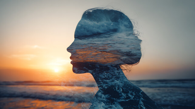 A serene portrait merges a woman's silhouette with the tranquil ocean. The silhouette of a woman is superimposed on the sea at sunset
