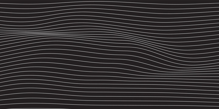 Abstract rippled or white lines pattern with wavy vibrant facture on black background and texture. Vector illustration