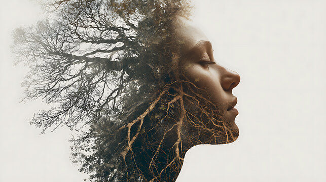 A striking portrait of a person with the image of a tree overlaid, representing the connection between nature and the self