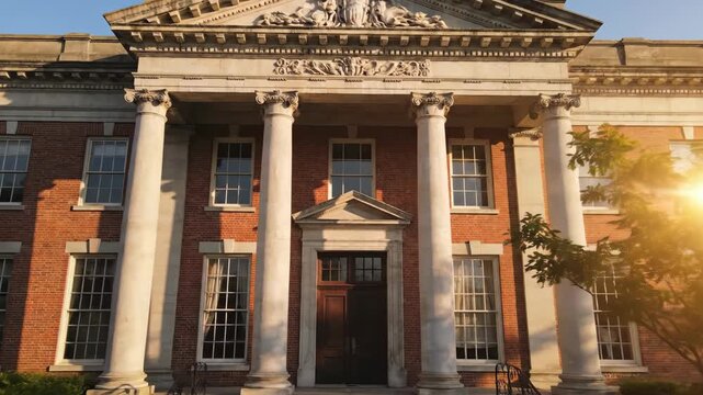 Brick building featuring white pillars windows  a sculpted pediment captured during daytime