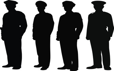 Silhouettes of four uniformed officers standing upright in peaked caps, symbolizing law enforcement, military personnel, authority, discipline, protection, and security representation © Rina