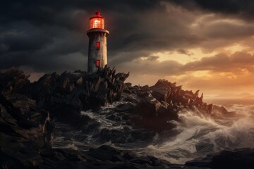 Obraz premium Lighthouse beam cutting through dark clouds and crashing waves