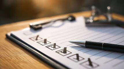 Fototapeta premium Close up of a Pen on a Paper Checklist Clipboard with Multiple Checkmarks on Wooden Table, Professional Project Management and Task Completion Concept for Business Success