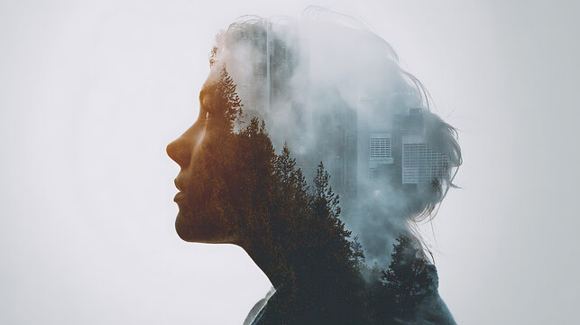 A woman's profile is overlaid with a forest and a misty atmosphere, symbolizing introspection and connection to nature. 