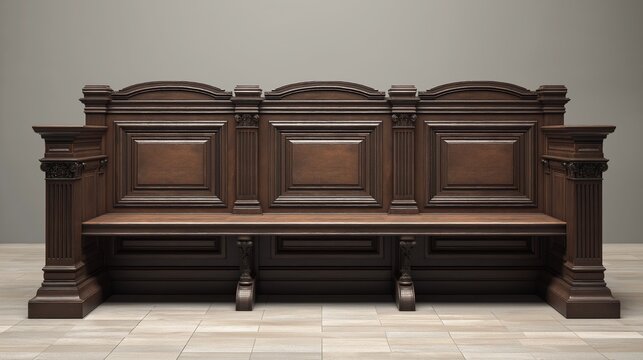 Empty Ornate Wooden Judicial Bench in a Courtroom with Classical Architectural Details Representing the Seat of Justice Law and Order in a Formal Legal Environment for Trial and Hearing