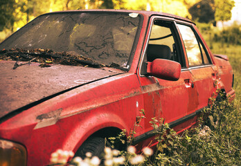 Old rusty red car standing in an open field, illuminated by warm summer sunlight. Atmospheric rural scene with vintage character and nostalgic mood. © jarizPJ