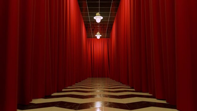 4K Hallway of red curtains and checkerboard tiles. Three-dimensional corridor with flowing red curtains. Looping animation.