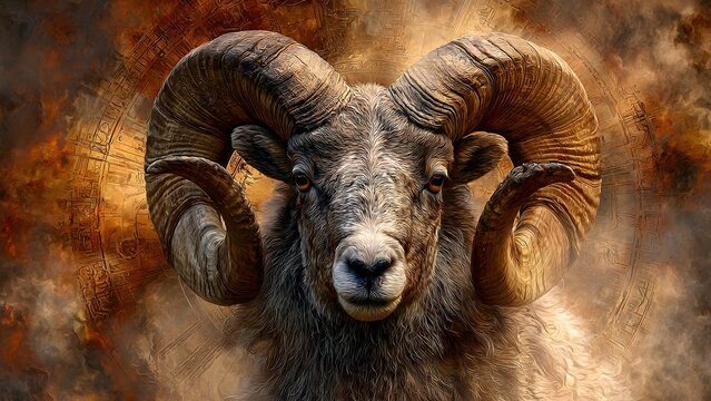 A majestic ram with impressive curved horns stares directly forward against a dramatic, smoky, warm-toned background.