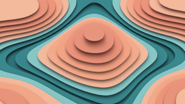 Abstract layered paper cutout design with peach and teal colors.