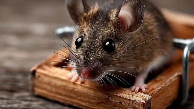 Brown mouse on wooden trap closeup.