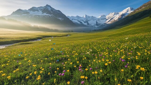 Green alpine meadow is covered with wildflowers beside stream under snowy mountains seamless looping 4k time-lapse animation video background. Mountain landscape concept