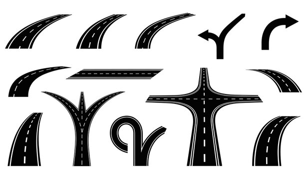Road junction vector icons curved straight t y u turn lanes signage
