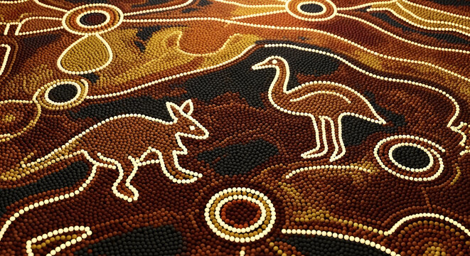 Aboriginal Australian art style depicting animals and patterns.