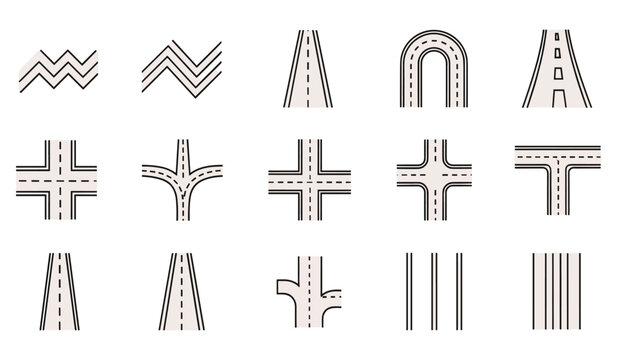 Road symbols vector icons intersections zigzag u turn lanes highway set